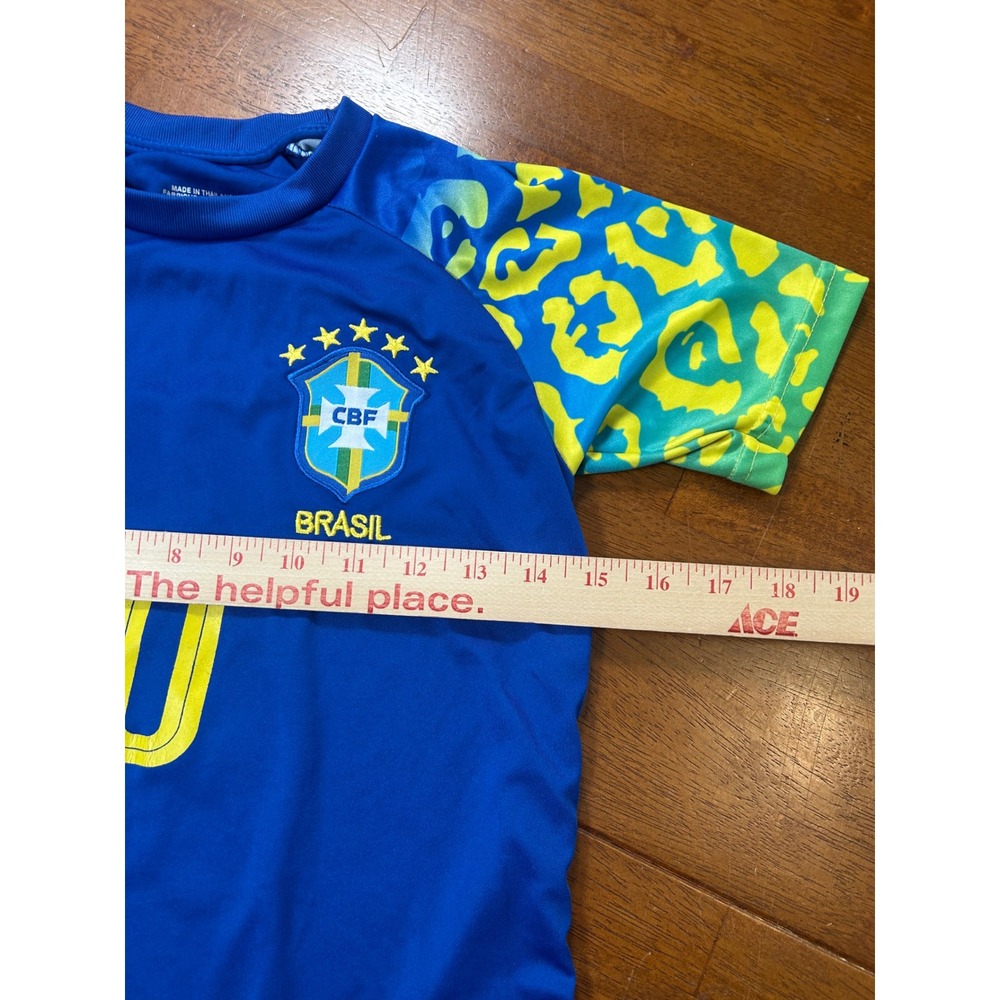Brazil Soccer Jersey Youth 26 Blue Pele 10 Leopard Print Sleeves - Picture 7 of 11